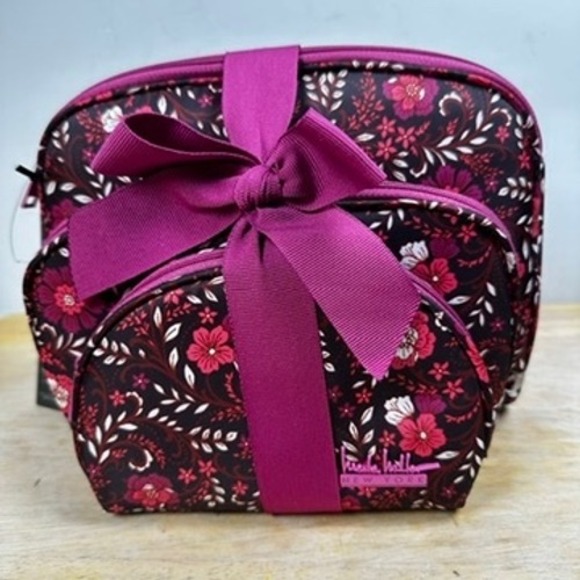 Nicole Miller New York Handbags - Nicole Miller Cosmetic Bag 3-Piece Set Burgundy Floral Toiletry Travel Pouch NWT